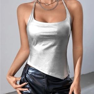 Metallic Tie Asymmetrical Hem Halter Top